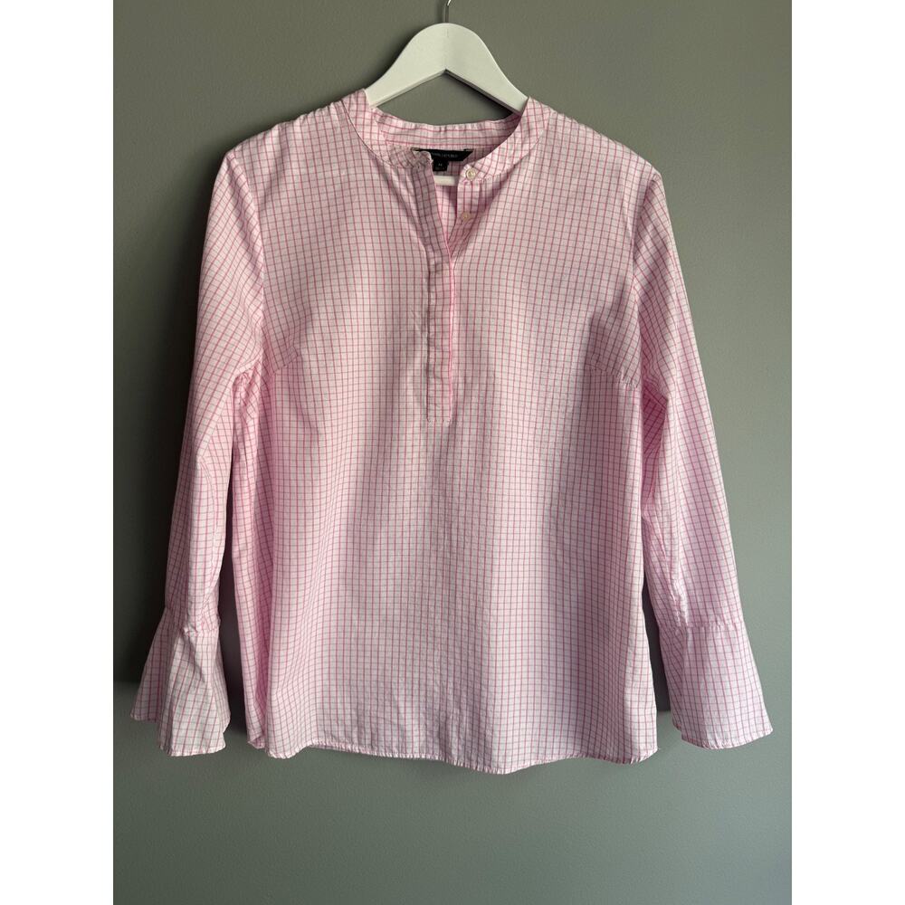 Banana Republic Pink White Check Blouse Sz M Cotton Bell Sleeve Mandarin Collar